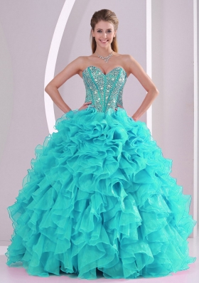 Elegant Aqua Blue Ball Gown Sweetheart Ruffles and Beaded Decorate Quinceanera Gowns in Sweet 16