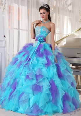 2014 Aqua and Purple Organza Appliques Decorate Quinceanera Dress