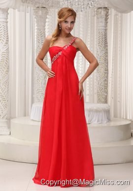 Beaded Decorate One Shoulder Red Chiffon Floor-length For 2013 Prom / Evening Dress