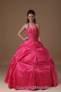 Coral Red Ball Gown Halter Floor-length Taffeta Beading Quinceanera Dress