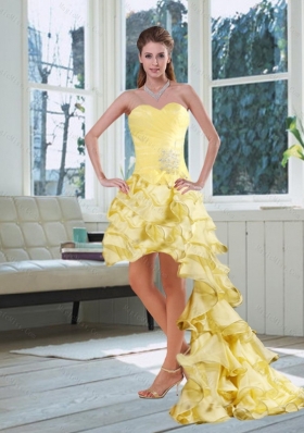 Light Yellow Sweetheart High Low Prom Dress with Beading and Ruffled Layers