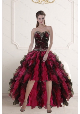 High Low Sweetheart Multi Color Prom Gown with Ruffles and Beading