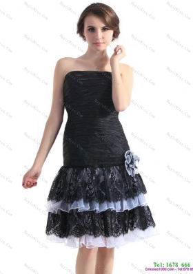 Black Short Prom Dresses with Ruching and Hand Made Flower
