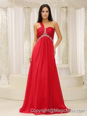 One Shouder Red and Natural Waist Ruched Appliques Chiffon Promn Dress