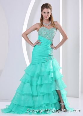 Aque Blue Ruched Layered Beaded Decorate and Ruch Bodice Sweetheart Prom Dress