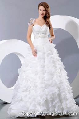 Gorgeous A-line Sweetheart Court Train Satin and Organza Beading and Ruffles Wedding Dress