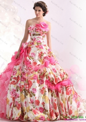 2015 Ruffles Multi Colour Wedding Dresses  with  Brush Train and Hand Made Flowers