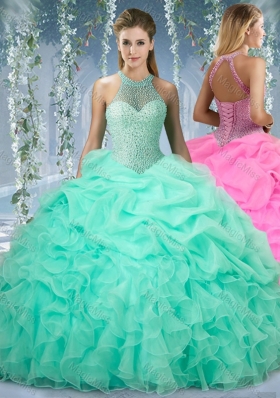 Beautiful Halter Top Beaded and Ruffled Sweet Fifteen Dresses  in Mint