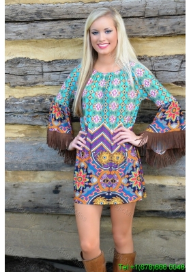 Boat Neck Above Knee Long Sleeves Tassels Beach Fashion Dress in Multi-color