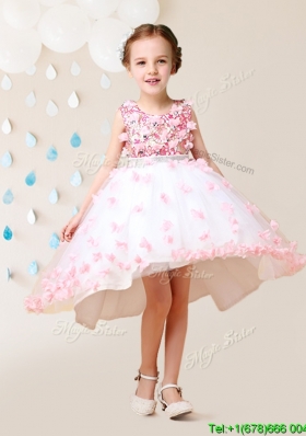 Elegant Applique Decorated Skirt White and Pink Flower Girl Dress in High Low