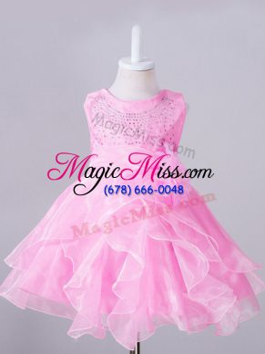 Top Selling Rose Pink Ball Gowns Beading and Hand Made Flower Flower Girl Dress Zipper Organza Sleeveless Knee Length