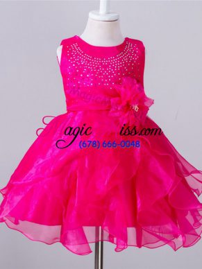 Hot Pink Ball Gowns Scoop Sleeveless Organza Knee Length Zipper Beading and Hand Made Flower Flower Girl Dresses