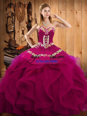 Discount Floor Length Lace Up Quinceanera Gowns Fuchsia for Military Ball and Sweet 16 and Quinceanera with Embroidery and Ruffles