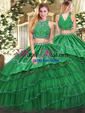 Green Sleeveless Tulle Zipper Sweet 16 Dresses for Military Ball and Sweet 16 and Quinceanera