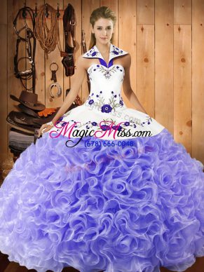 Fabric With Rolling Flowers Halter Top Sleeveless Lace Up Embroidery Quinceanera Dresses in Lavender