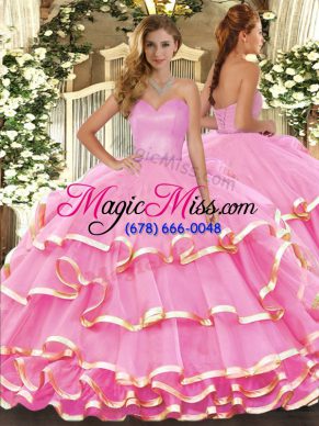 Ruffled Layers Sweet 16 Quinceanera Dress Rose Pink Lace Up Sleeveless Floor Length