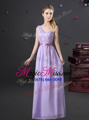 Unique Lavender Chiffon Lace Up One Shoulder Sleeveless Floor Length Wedding Party Dress Lace and Appliques and Belt