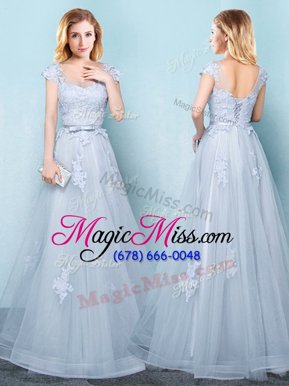 Scoop Cap Sleeves Lace Up Floor Length Appliques and Belt Bridesmaids Dress