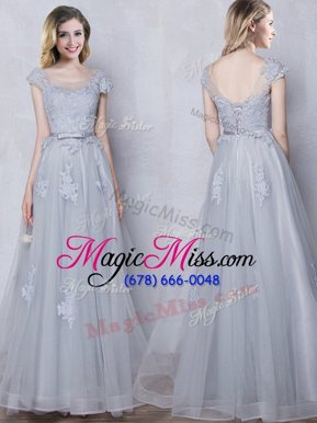 Gorgeous Scoop Cap Sleeves Floor Length Lace and Appliques and Belt Lace Up Bridesmaids Dress with Grey