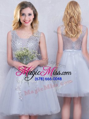 Grey Tulle Zipper Scoop Sleeveless Mini Length Bridesmaid Dresses Beading and Appliques