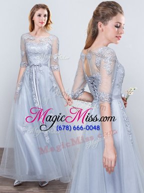 Attractive Short Sleeves Grey Lace Up Scoop Appliques and Belt Wedding Party Dress Tulle Half Sleeves