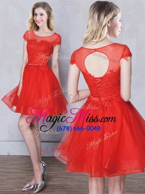 Noble Mini Length Red Wedding Guest Dresses Scoop Short Sleeves Lace Up