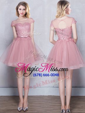 High End Scoop Pink Tulle Lace Up Wedding Guest Dresses Short Sleeves Mini Length Lace and Appliques and Belt