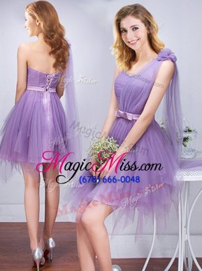 Super One Shoulder Sleeveless Ruffles and Ruching and Belt and Hand Made Flower Lace Up Wedding Party Dress
