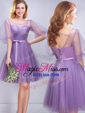 Customized Lavender Scoop Neckline Appliques and Ruching and Belt Wedding Guest Dresses Half Sleeves Lace Up