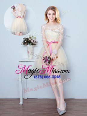Dazzling Mini Length Champagne Quinceanera Court of Honor Dress Scoop Half Sleeves Lace Up