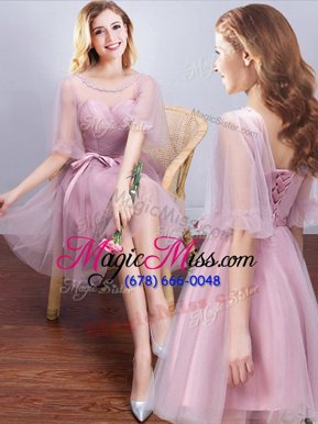 Fantastic Scoop Half Sleeves Tulle Mini Length Lace Up Wedding Party Dress in Pink for with Ruching and Bowknot