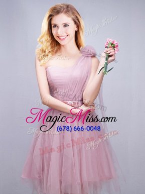 Elegant Pink One Shoulder Neckline Ruching and Bowknot and Hand Made Flower Bridesmaid Gown Sleeveless Lace Up