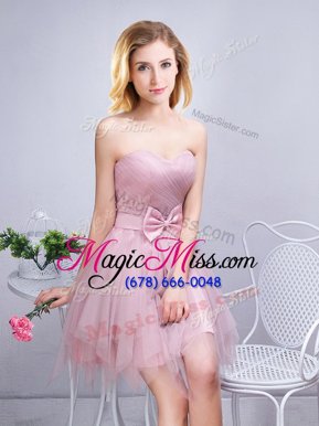 Captivating Pink Tulle Lace Up Sweetheart Sleeveless Mini Length Bridesmaid Gown Ruching and Bowknot
