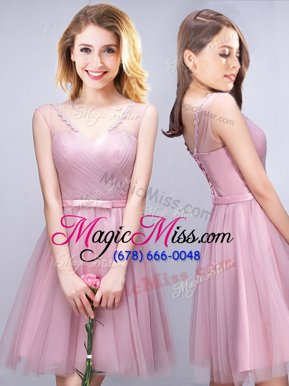 Suitable Sleeveless Ruching and Bowknot Lace Up Quinceanera Court of Honor Dress