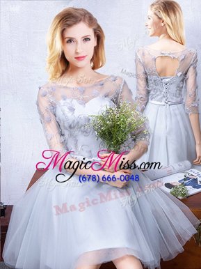 Graceful Knee Length Grey Wedding Guest Dresses Scoop Half Sleeves Lace Up