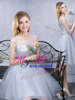 Exceptional Grey Wedding Guest Dresses Prom and Party and Wedding Party and For with Lace and Appliques and Belt Scoop Sleeveless Lace Up