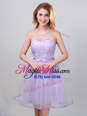 Graceful Mini Length Lavender Quinceanera Court of Honor Dress Halter Top Sleeveless Lace Up