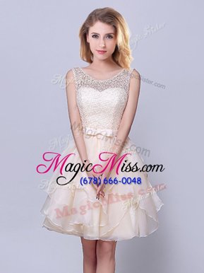 Popular Scoop Sleeveless Wedding Guest Dresses Mini Length Lace and Ruffles and Belt Champagne Organza