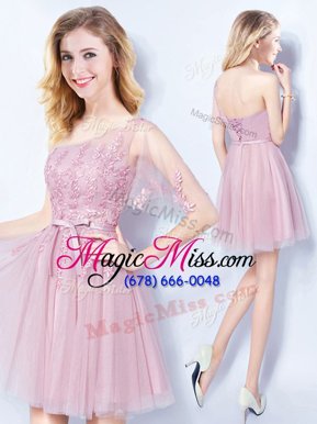 High End Pink Dama Dress Prom and Party and Wedding Party and For with Appliques and Belt One Shoulder Sleeveless Lace Up