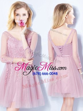 Vintage Sleeveless Tulle Mini Length Lace Up Court Dresses for Sweet 16 in Pink for with Appliques and Belt
