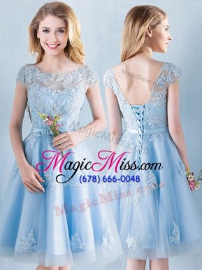 Decent Scoop Short Sleeves Lace Up Bridesmaids Dress Light Blue Tulle