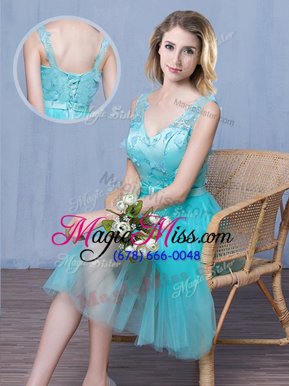 Aqua Blue Empire Lace and Appliques and Bowknot Bridesmaids Dress Lace Up Tulle Sleeveless Knee Length