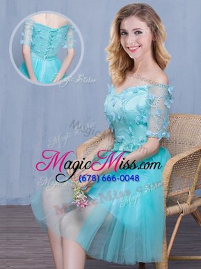 Elegant Aqua Blue Tulle Lace Up Off The Shoulder Short Sleeves Knee Length Dama Dress for Quinceanera Lace and Appliques and Bowknot