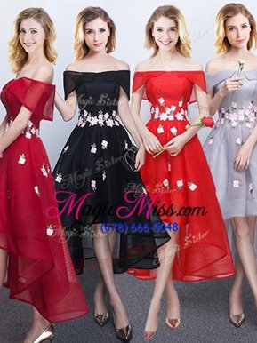A-line Vestidos de Damas Black and Red and Grey Off The Shoulder Chiffon Sleeveless High Low Lace Up