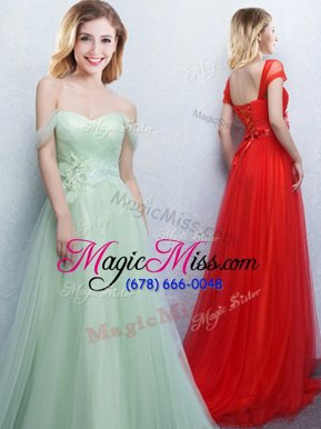 Noble Off the Shoulder Apple Green Empire Appliques and Ruching Damas Dress Lace Up Tulle Sleeveless With Train