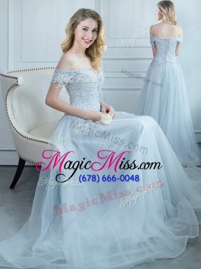 Low Price Light Blue Off The Shoulder Lace Up Beading and Appliques Quinceanera Court Dresses Cap Sleeves
