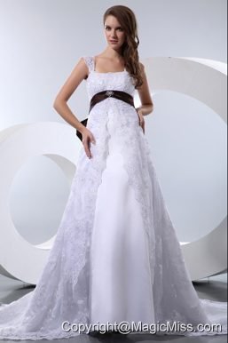 Fashionable A-line Straps Chapel Train Taffeta and Lace Bow Beading Wedding Dress