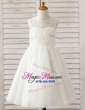 Comfortable White A-line Tulle Scoop Sleeveless Lace Floor Length Clasp Handle Flower Girl Dress