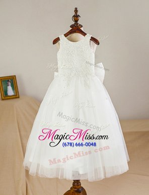 Custom Made Scoop White Sleeveless Lace and Bowknot Floor Length Flower Girl Dresses