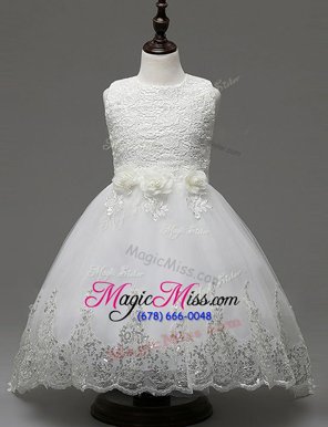 Captivating White Zipper Scoop Lace and Appliques and Bowknot Flower Girl Dresses Organza Sleeveless Brush Train